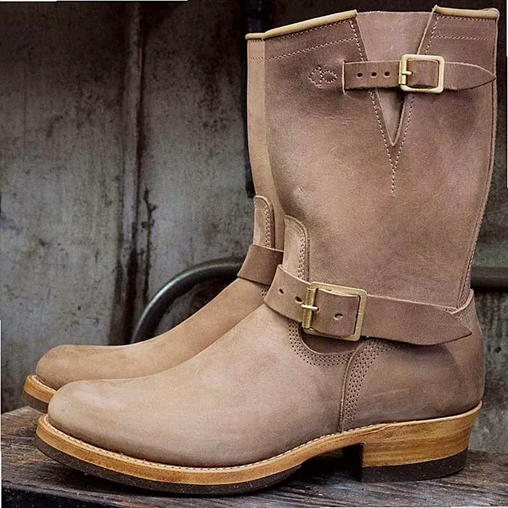 Natural Sole Men's Cream Combat Suede Engineer Motorcycle Biker Boot